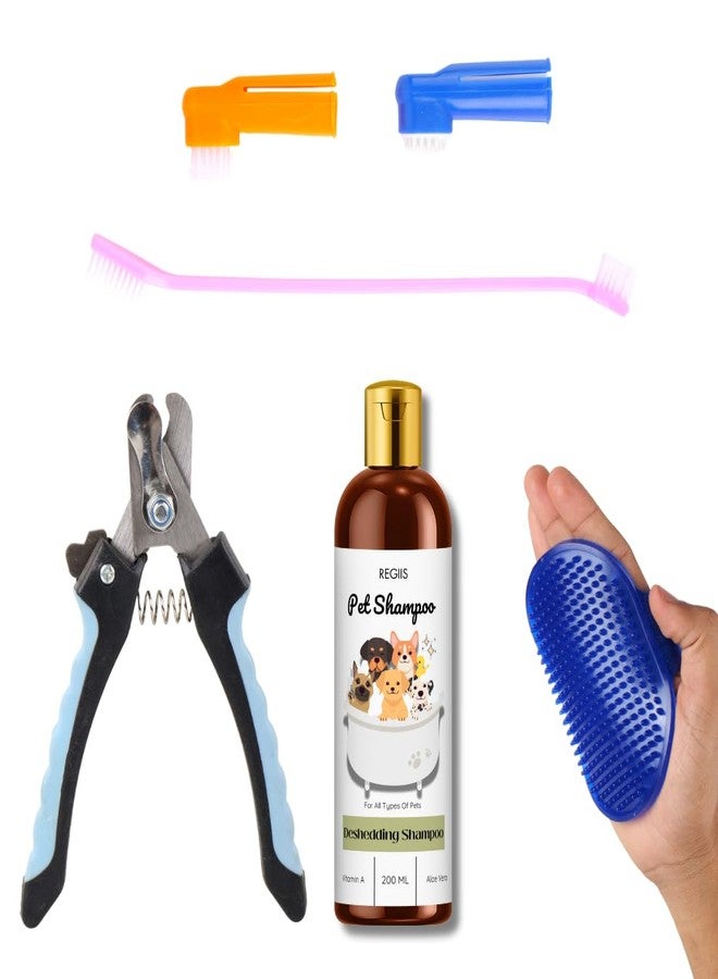 مقص أظافر احترافي للكلاب مع واقي أمان، طقم عناية بالحيوانات الأليفة مع فرشاة وشامبو (عبوة من 4 قطع) - Image 1